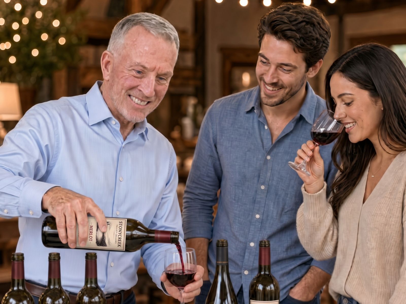 Tom pouring Stonycreek Valley Cellars wine for guests at a tasting